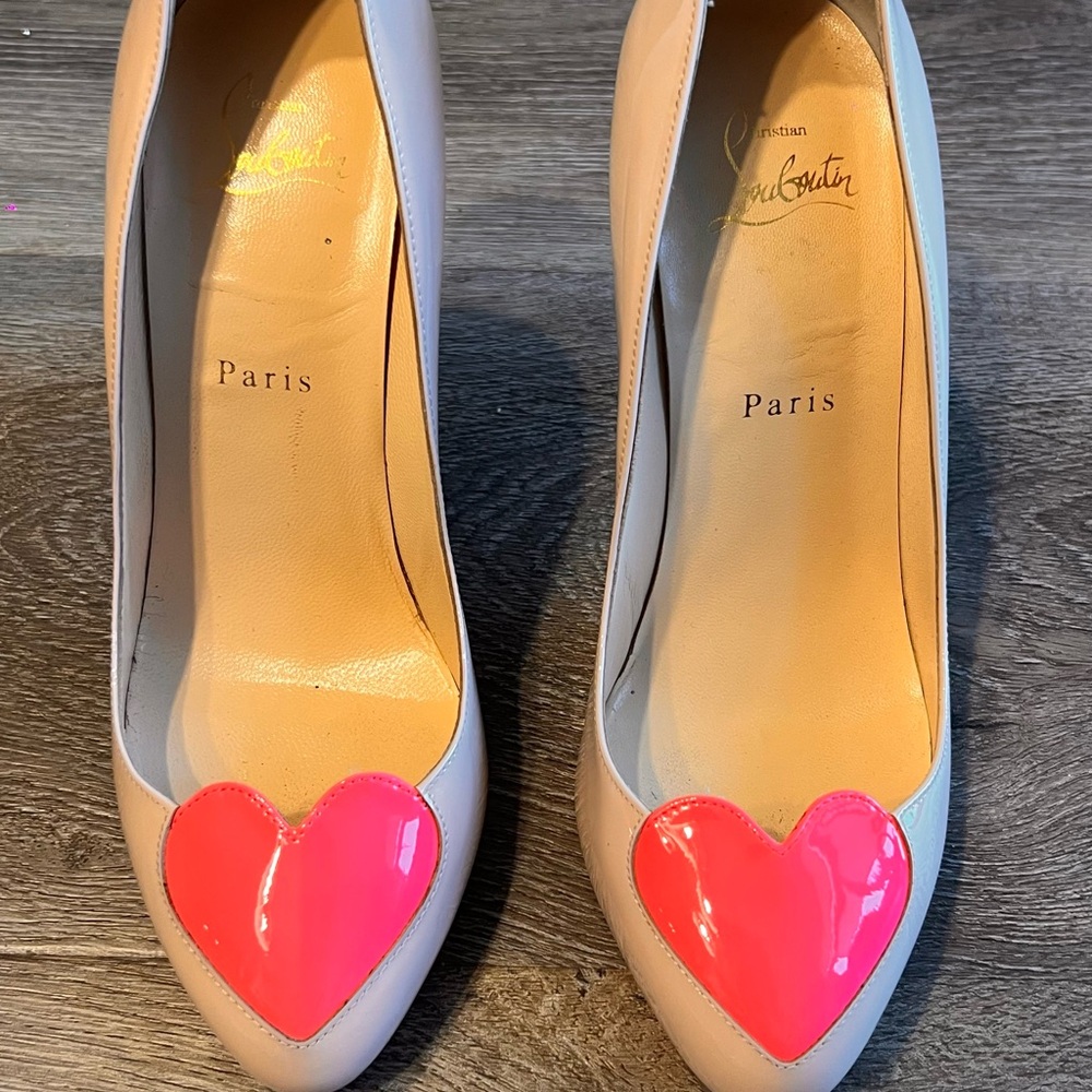 Christian Louboutin Nude Heels with Neon Pink Heart